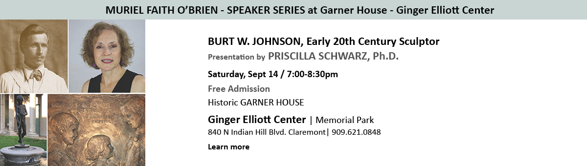 Priscilla Schwarz, Ph.D. presenting Burt W. Johnson, sculptor at Claremont Heritage Sept 14 2019