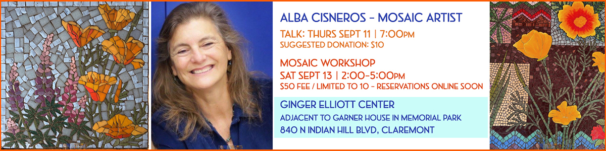 Alba Cisneros Mosaic Artist | Talk Thurs Sept 11 at 7:00pm | Workshop Sat Sept 13 at 2:00pm $50